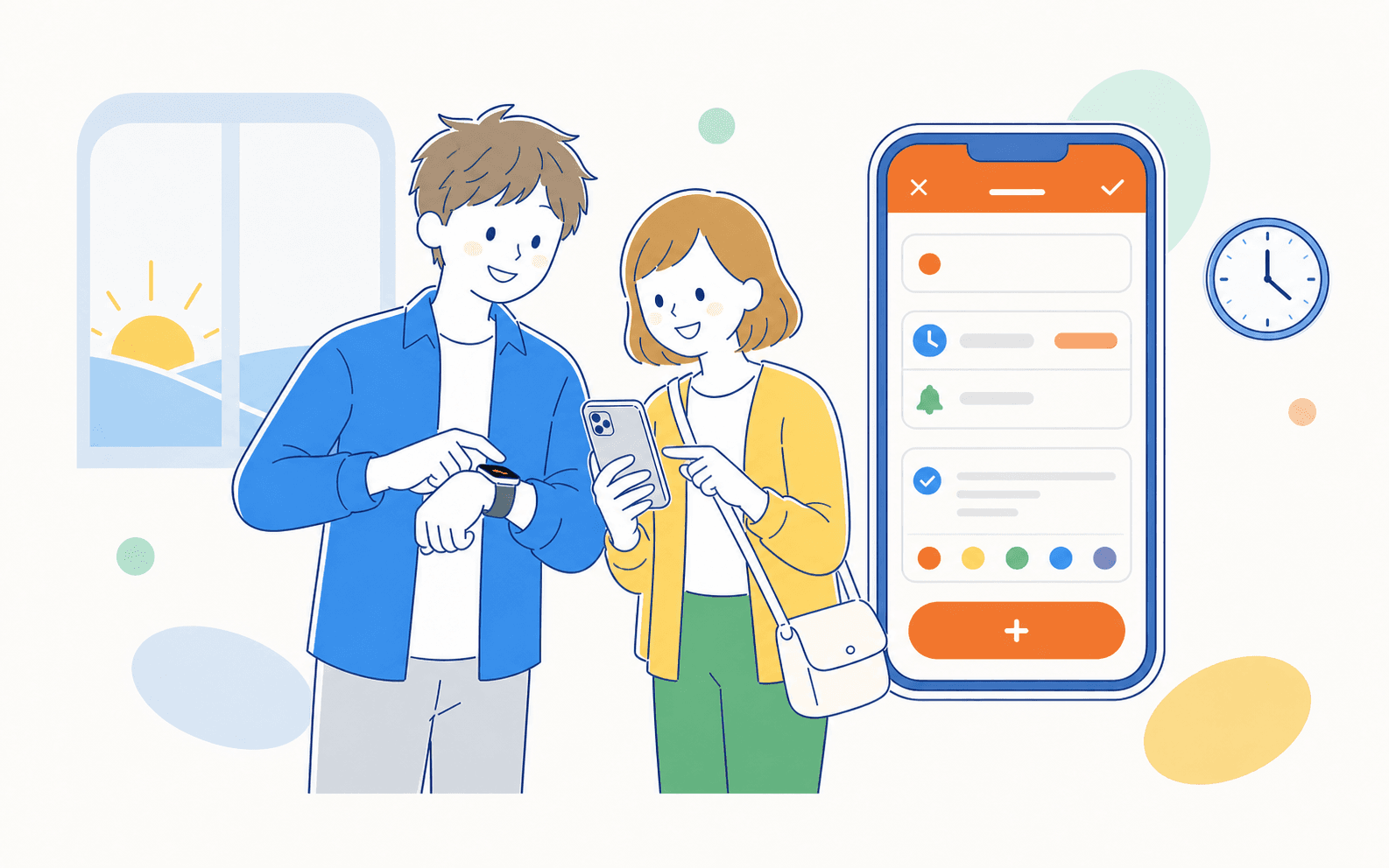 朝に男女が一緒にiPhoneとApple Watchで今日の予定を確認する場面